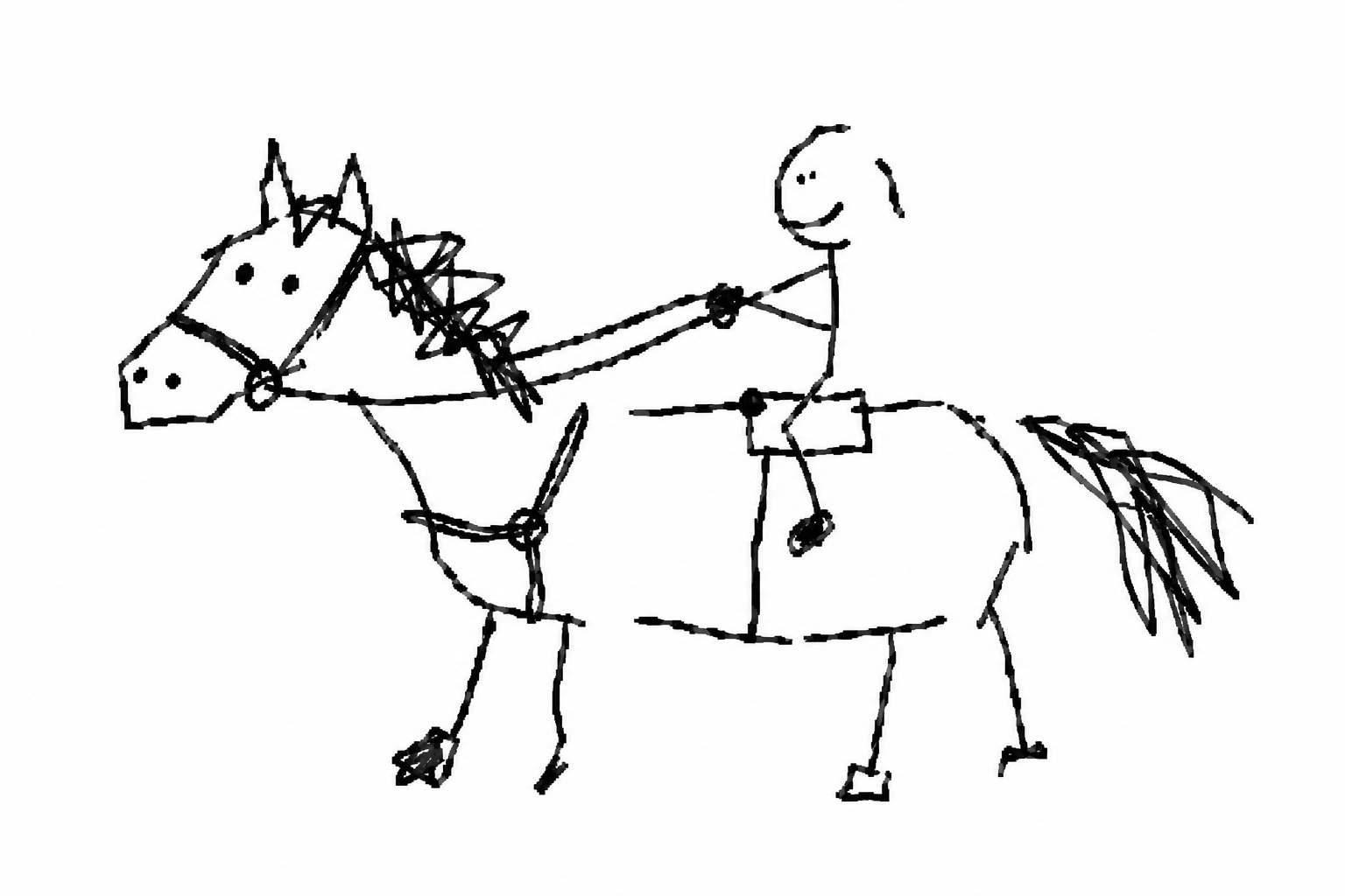 A hand-drawn rider guiding a horse with a harness
